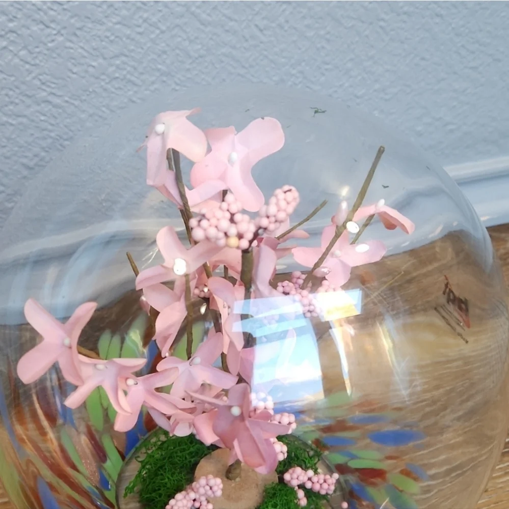 Cherry Blossom ? Pink Flowers Glass Globe Terrarium Blue Green Orange Spots